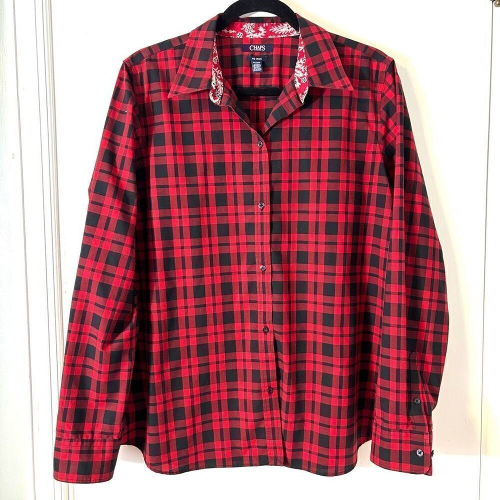 Chaps XL red & black check no iron cotton contrast print detail button front shi